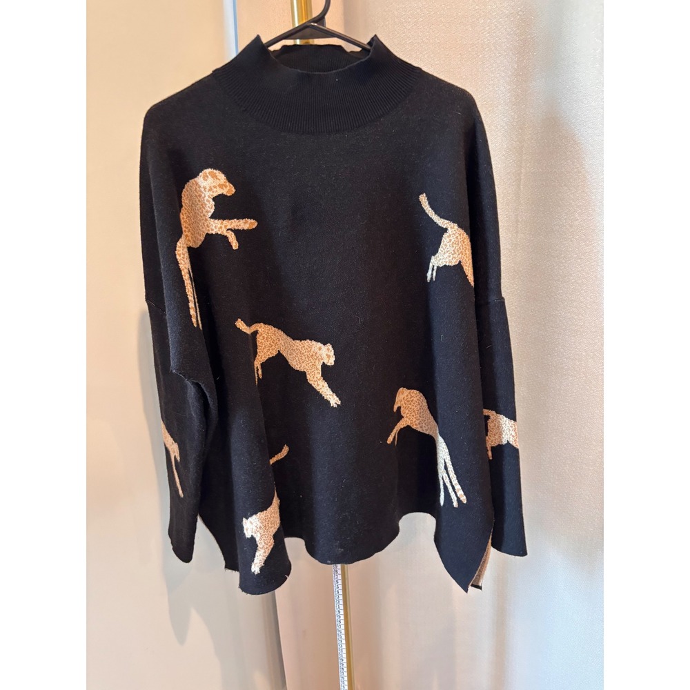 Entro Womens Black Cheetah Leopard Print Mock Neck Oversized Sweater T19499 M